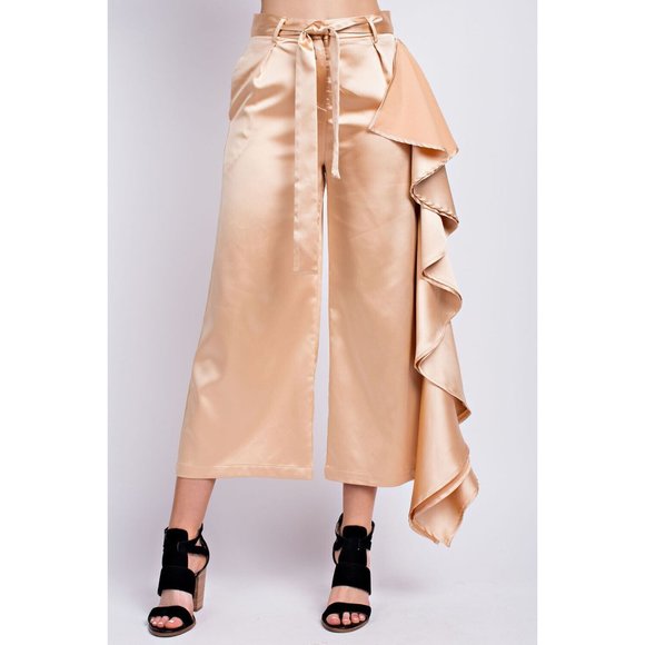 Women's Casual Tie Front Silky Side Ruffle Culottes Wide Leg Pants - Picture 2 of 10